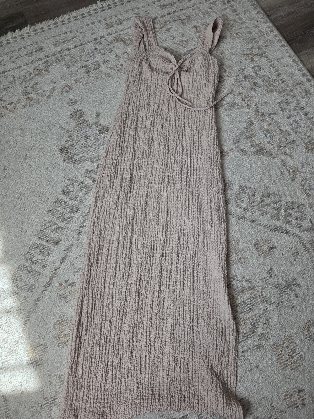 See You Monday Beige Textured Maxi Dress with Tie Detail
